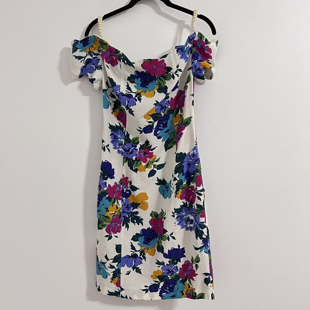 Expo Nite Vintage 80s Floral Midi Dress‎ Size 6 Cold Shoulder 90s Retro White